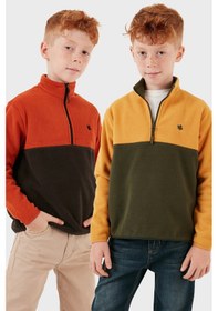 Resim Lela Yumuşak Dokulu Yarım Fermuarlı Renk Bloklu Dik Yaka 2'Li Paket Çocuk Polar 5905004S2 Hardal Haki-Orange Antrasit 