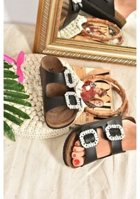 Resim Fox Shoes Siyah Çift Tokalı Taşlı Kadın Terlik K777604809 