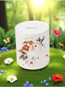 Resim Kuş ve Çiçek Deseni Baskılı 3'lü Seramik Kumbara 