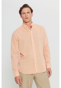 Resim AC&Co / Altınyıldız Classics Erkek Turuncu %100 Keten Comfort Fit Rahat Kesim Düğmeli Yaka Gömlek Turuncu 