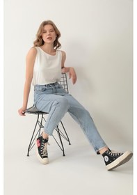Resim Yüksek Bel Mom Jean %100 Pamuk Denim Pantolon Mavi Mavi 