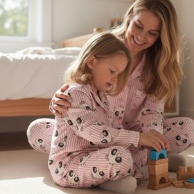 Resim ARN HOMEWEAR anne kız kombini panda desenli yumuşacık milan kumaş pijama takımı(tek takım fiyatıdır) 