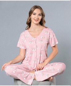 Resim Boydan Düğmeli Gömlek Yazlık Kısa Kol Yakasız Pijama Takımı Dowry 08-117 Pudra 