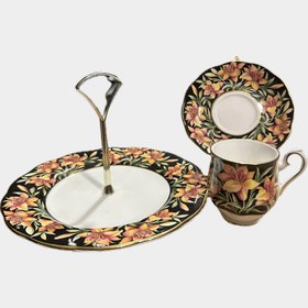 Resim İngiliz Royal Albert Provincial Flowers Praire Rose serisi duble kahve fincanı ve kurabiyelikli seti 