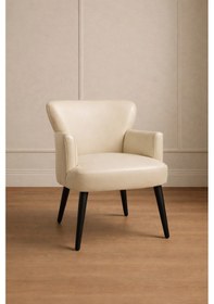 Resim Waterybrook Tekli Berjer Koltuk - Suni Deri - Siyah Ahşap Ayaklı - Modern Retro Tasarım - Ofis Ve Salon Koltuğu Krem 