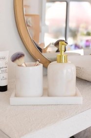 Resim Mermer Beyaz 3 Parça Banyo Seti Mutfak Sıvı Sabunluk Seti 