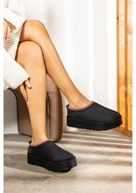 Resim Günlük Kadın Bot Desenli Yüksek Kalın Taban İçi Kürklü Süet Kısa Bootie Hafif U50 Siyah 