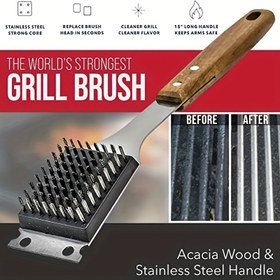 Resim 1 adet Ağır Hizmet Tipi Barbekü Izgara Temizleme Fırçası & Kazıyıcı - Uzun Akasya Ağacı Saplı Paslanmaz Çelik Kıllar, Dış Mekan Izgaraları için Çiziksiz Temizlik, Dayanıklı & Yeniden Kullanılabilir Mutfak Aksesuarı, Izgara Aksesuarları 