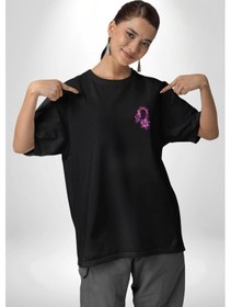 Resim Kelebekler Kanser Günü Ve Kadınlar Günü Siyah Oversize Unisex Ön Sol Yan Minimal Baskılı Tişört Koyu Siyah 
