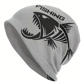 Resim Erkekler için Balıkçı Kafatası Beanie Şapka, Kızgın Balık Grafikli - Açık Gri Yenilik Tasarımı, Nefes Alabilir & Sıcak Dış Mekan Balıkçılık Gezileri İçin, Günlük Giyim, Balık Temalı Kıyafet, Rahat Başlık 