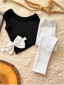 Resim BAHNUR SİYAH BEBEK ÇOCUK TEK KOL CROP TAYT BANDANA TAKIMI SETİ 