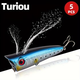 Resim 5 Adet Turiou Yüzey Popper Yemleri - Perch, Pike & Muskellunge Balıkçılığı için Gürültülü Sesli Paslanmaz Çelik Buzzbaits 