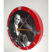 Resim Atatürk Simli Ofis Salon Duvar Saati Kırmızı Metal Çerçeve 36 cm 