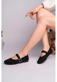 Resim Nesilshoes Nesil Shoes Gabbel 305 Siyah Süet Siyah Taşlı Kadın Babet Siyah Siyah 