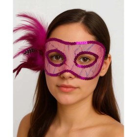 Resim Fuşya Renk Yandan Tüylü Pul Payet Işlemeli Parti Maskesi 23X12 cm 