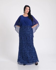 Resim Lilas Xxl Büyük Beden Griter Baskı Detaylı Lacivert Renkli Abiye Elbise Lacivert 