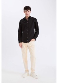Resim DeFacto Slim Fit Dar Kesim Pamuklu Basic Düz Uzun Kollu Gömlek A4644AX24AUBK27 