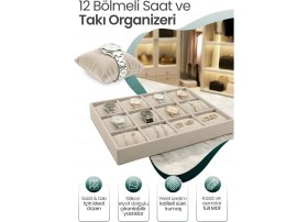 Resim Handanca 12 Bölmeli Kadife Saat ve Bileklik Kutusu - Takı Organizeri - Krem 