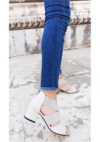 Resim Gdt Ayakkabı Bej Bantlı Lastikli Kalın Topuk Kadın Sandalet 001 