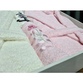 Resim Çeyizlik Aile Bornoz Seti 4 Parça Krem Pudra Pudra 