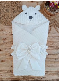 Resim Yenidoğan Beyaz Wool Yün Kumaş Ayıcık Kulaklı Kundak Bebek Battaniyesi Beyaz 