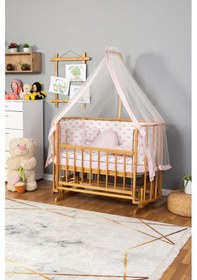 Resim Ahşap Beşik Anne Yanı Beşik Doğal Vernikli 60x120 Pembe Balina Uyku Seti Yatak Ahşap 