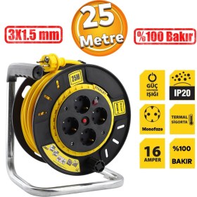 Resim Plastik Makaralı Seyyar %100 Bakır Kablo 4 Prizli Monofaze Uzatma Kablosu 3x1.5 mm H05VV-F 25 Metre 