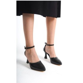 Resim Kadın Mari Siyah Deri Taş Detaylı Bilekten Bağlamalı Topuklu Ayakkabı-siyah Siyah 