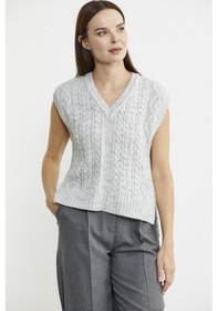 Resim Saç Örgülü Arkası Uzun Triko Süveter - Açık Gri Çok Renkli 