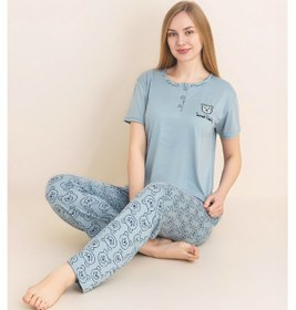 Resim Enisena Kadın Pijama Takımı-menekşe Kumaş-3 Düğmeli-yaka Baskılı-12606sf Turkuaz 