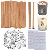 Resim Doğal Ahşap Fitiller, Metal Standlar & Yapıştırıcı Noktalarla 60 Parça DIY Mum Yapım Seti 