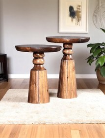 Resim AYLESA Doğal Ahşap 2’li Set Mantar Yan Sehpa Modern Fiskos Zigon Çiçeklik 