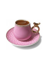 Resim 6 Kişilik Pembe Kuş Detaylı Lüks Türk Kahvesi Fincanı - 90 Ml Diğer 
