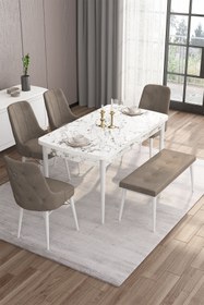 Resim Canisa Are Serisi Mdf, 80x132 Beyaz Mermer,mutfak Masa Takımı 4 Cappucino Sandalye 1 Bench Gümüş Halkalı 