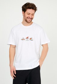 Resim ADEGO Erkek Beyaz Önü Hayalet Baskılı Bisiklet Yaka Oversize Pamuklu T-shirt 