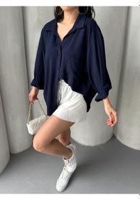 Resim Paw Garage Kadın Flory Ayrobin Oversize Tek Cep Gömlek Lacivert 