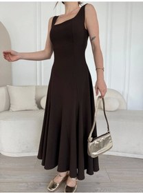 Resim Sırt Dekolteli Kolsuz Uzun Elbise - Kahverengi Kahverengi 