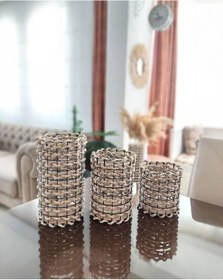 Resim Egindra Trendev Metal Tel Hasır Örgülü Dekoratif Vazo 3Lü Set 15-25-30 Cm 