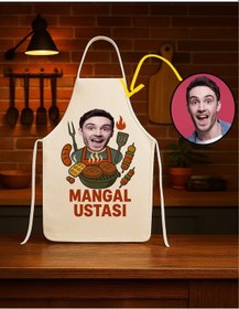 Resim Kişiye Özel Karikatür Fotoğraflı Mutfak Önlüğü Mangal Ustası Krem 