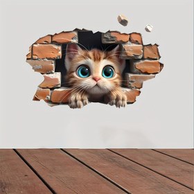 Resim 3D Sevimli Yavru Kedi Tuğla Duvar Dekorundan Bakan Çıkartma, El Boyaması Plastik Ev Dekoru, Yatak Odası ve Mutfak Duvar Stickerı, Banyo Aksesuarı, Küvet Çıkartması 