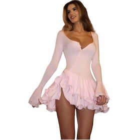 Resim Kadın Trompet Kollu Bel Kısa Düğmeli Elbise Pembe 