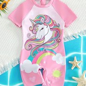 Resim Sevimli Unicorn Baskılı Kızlar Bahar ve Yaz Plaj Tatili Tek Parça Mayo 