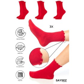 Resim Saysez Bambu Kadın Lastiksiz Kırmızı Fırfırlı Soket Dikişsiz Çorap 3'lü Paket / İz Bırakmaz / Sıkmaz Çorap Renkli 