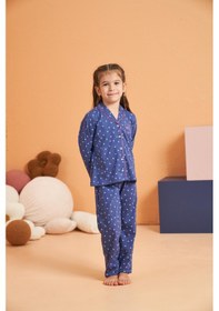 Resim Pjs Kız Çocuk Kalpli Önden Düğmeli Gömlek Yaka Uzun Kollu Pijama Takım Mavı 