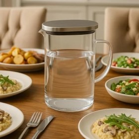 Resim 1800 ml Cam Sürahi ve 2’li Bardak Seti - Paslanmaz Çelik Kapaklı Dayanıklı Şeffaf Su, Çay, Meyve Suyu Servis Seti 