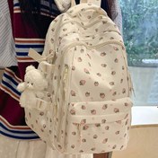 Resim Moda baskılı gül desenli bayan sırt çantası, çok bölmeli ve cepli, kalın ve sağlam öğrenci sırt çantası, ayıcık kolye süslemeli, büyük kapasiteli 