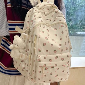 Resim Moda baskılı gül desenli bayan sırt çantası, çok bölmeli ve cepli, kalın ve sağlam öğrenci sırt çantası, ayıcık kolye süslemeli, büyük kapasiteli 