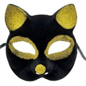 Resim Siyah Renk Gold Simli Kedi Maskesi 