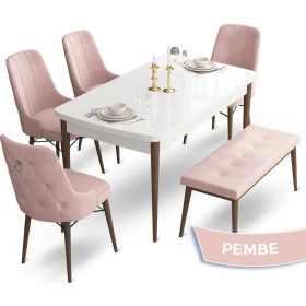 Resim Canisa Concept Taç Serisi 80 x 132 cm Beyaz Masa Ceviz Ayak Yemek Masası Takımı 4 Sandalye Gümüş Halkalı ve 1 Bench 