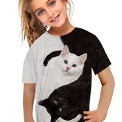 Resim 3D Siyah & Beyaz Kedi Baskılı Crew Neck Kısa Kollu T-shirt Kızlar Yaz Için Üstler 